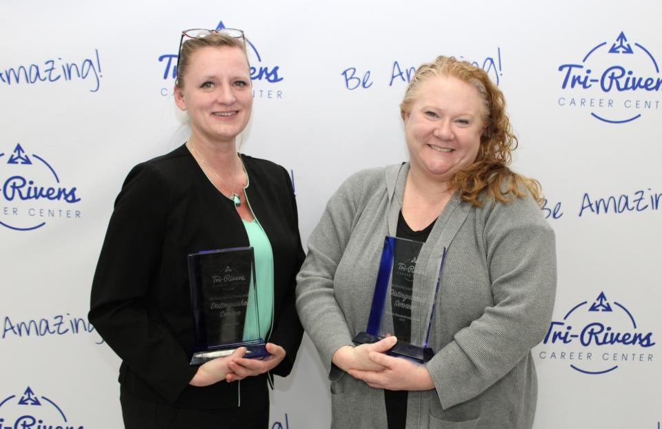 Katie Downing, store director for the Meijer location in Marion, and Tricia Cunningham, workforce development director for Marion Goodwill Industries, accepted the Tri-Rivers/Lautenslager Distinguished Service Award on behalf of their respective organizations. The award is presented to individuals or groups who support Tri-Rivers and education in general in the Marion County.