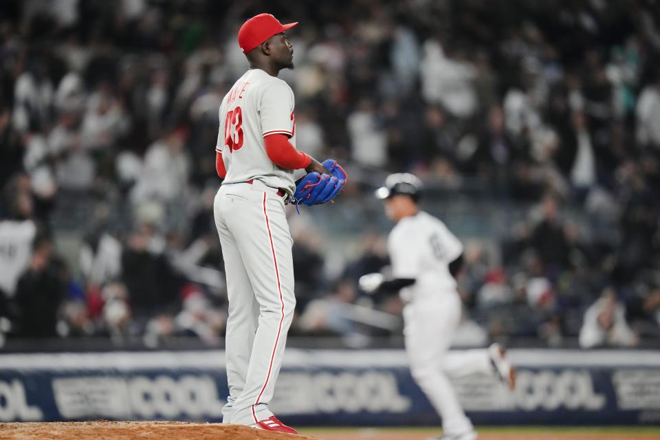 Philadelphia Phillies relief pitcher Yunior Marte reacts as New York Yankees' Anthony Rizzo runs the bases after hitting a two-run home run of an baseball game, Monday, April 3, 2023, in New York. (AP Photo/Frank Franklin II)