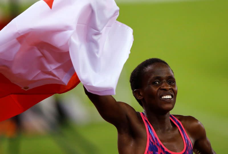 FILE PHOTO: Ruth Jebet of Bahrain celebrates after winning the gold medal at Diamond League meeting in Zurich