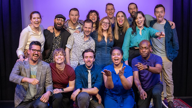 Members of the Sounds Funny Radio podcast troupe (from left to right, top row to bottom row): Abby Hepworth, Sunny Outlaw, Collin Dwarzski, Florence Friebe, Brad Stuart, Patrick Williams, Brian Flaherty, Mike Warner, Becky Goodman, Ankara Martinez, Christine Piñeiro, James Quesada, Julia Schroeder, Raul Maghiar, Kihresha Redmond, Langston Belton