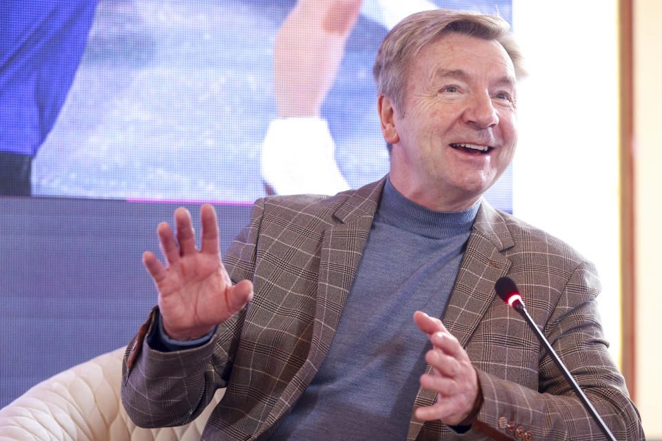 British ice dancer Christopher Dean speaks during the press conference in Sarajevo, Bosnia, Wednesday, Feb. 14, 2024. British ice dancers Jayne Torvill and Christopher Dean arrived in Bosnian capital to join the celebrations of the anniversary of the Sarajevo Winter Olympics, where they performed 40 years ago the routine which gave them the first, and so far only, perfect score in Olympic skating history. (AP Photo/Armin Durgut)