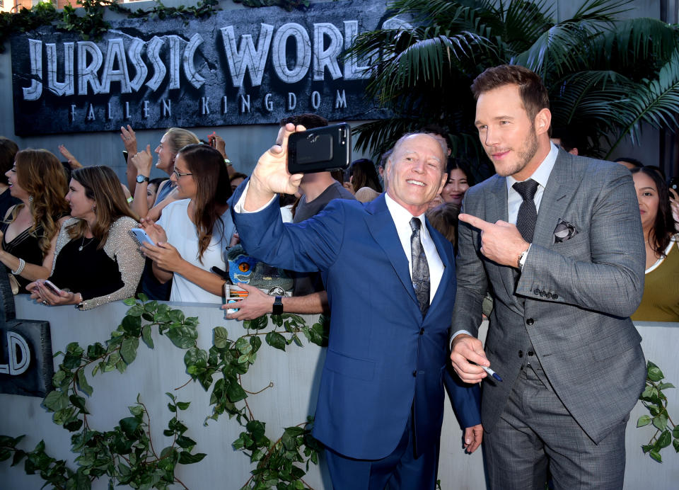 LOS ANGELES, CA - JUNE 12:  Producer Frank Marshall (L) and actor Chris Pratt arrive at the premiere of Universal Pictures and Amblin Entertainment's "Jurassic World: Fallen Kingdom" at the Walt Disney Concert Hall on June 12, 2018 in Los Angeles, California.  (Photo by Kevin Winter/Getty Images)