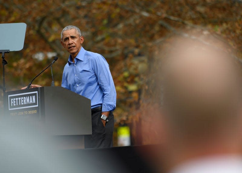 PITTSBURGH, PA - NOVEMBER 05: Former U.S. President Barack Obama speaks to supporters of Pennsylvania Democratic candidate for Senate John Fetterman at Schenley Plaza, on the campus of the University of Pittsburgh, on November 5, 2022, in Pittsburgh, Pennsylvania. Fetterman faces Republican challenger Dr. Mehmet Oz, on November 8 in the general election. 