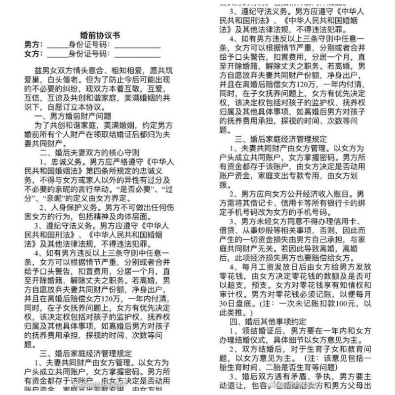 超狂婚前協議書曝光。（圖／翻攝自微博）