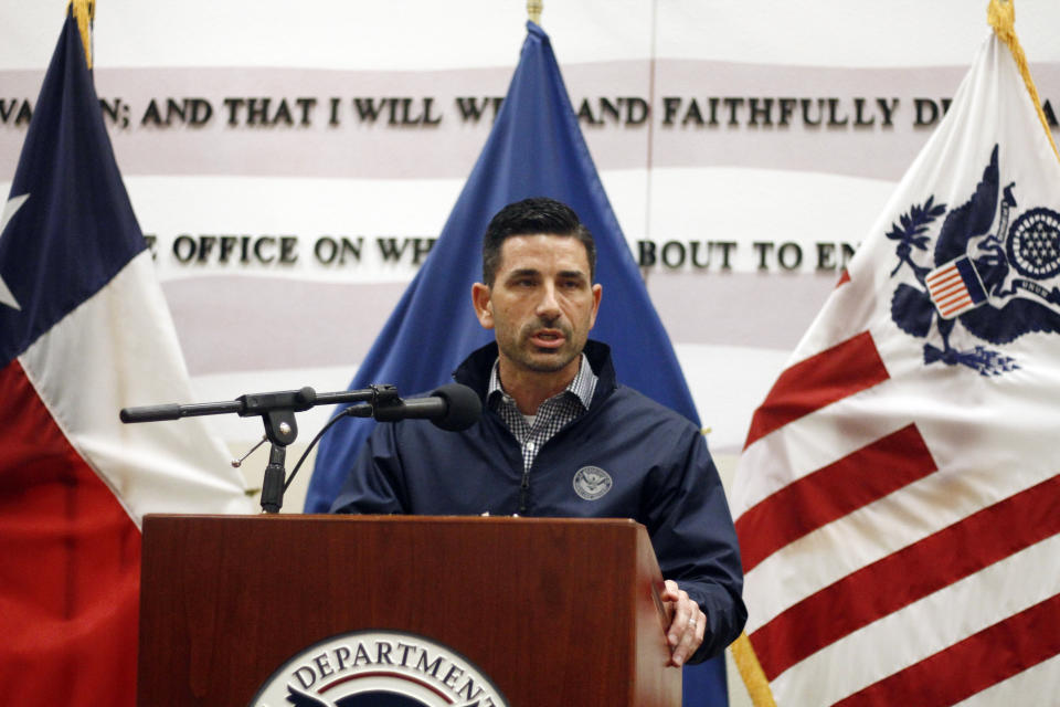 Acting Homeland Security Secretary Chad Wolf speaks after touring the U.S.-Mexico border, Wednesday, Nov. 20, 2019, in El Paso, Texas. (AP Photo/Cedar Attanasio)