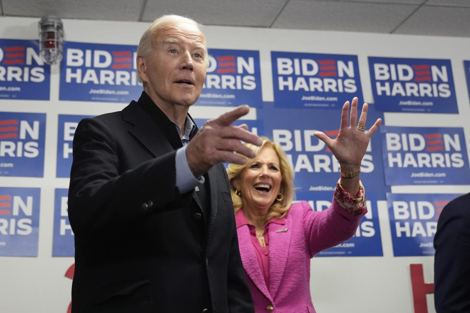 President Joe Biden, left, and first lady Jill Biden visit the Biden campaign headquarters in Wilmington, Del., Saturday, Feb. 3, 2024. (AP Photo/Alex Brandon)