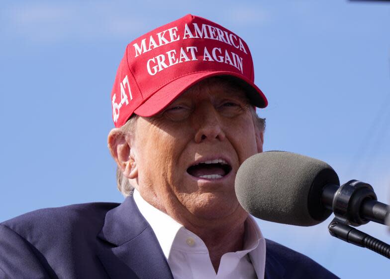 FILE - Republican presidential candidate former President Donald Trump speaks at a campaign rally March 16, 2024, in Vandalia, Ohio. Trump's new joint fundraising agreement with the Republican National Committee directs donations to his campaign and a political action committee that pays the former president's legal bills before the party gets a cut, according to a fundraising invitation obtained by The Associated Press. (AP Photo/Jeff Dean, File)