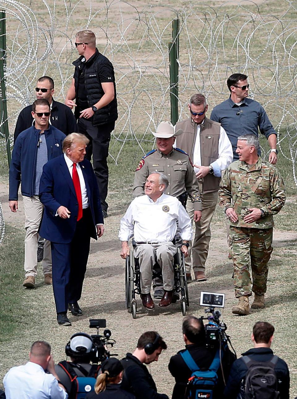 Former president Donald Trump arrives in Eagle Pass, Texas at Shelby Park on Feb. 29, 2024, where Texas Governor Greg Abbott greeted him.