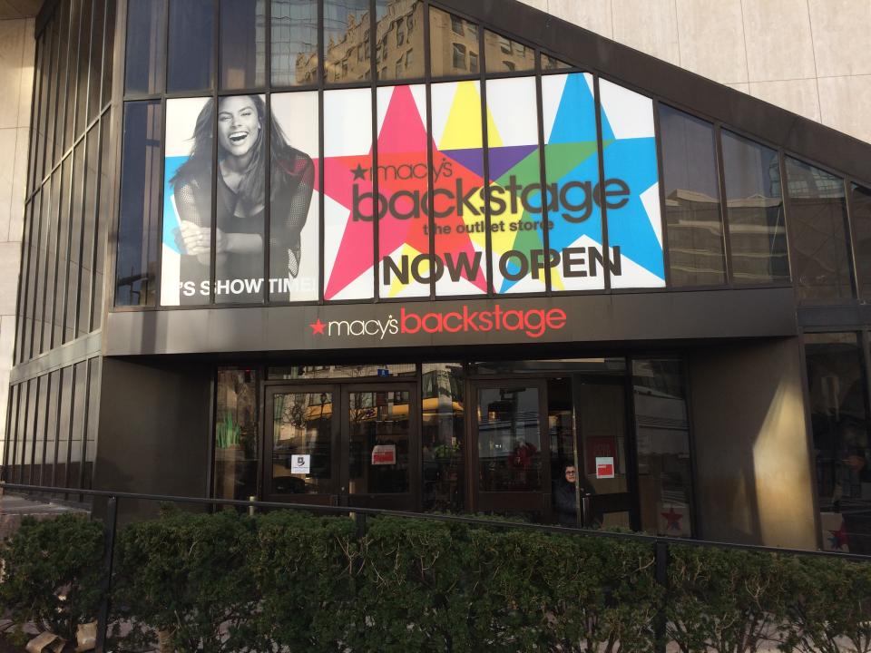 The entrance to a Macy's Backstage store within a full-line Macy's.