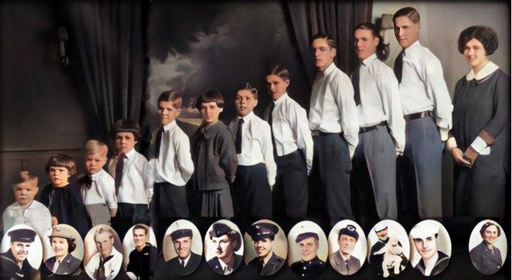 A 1925 photo of the Van Coutren children and their corresponding service photos, from left: Victor, Rita, Vicent, Paul, John, Adine Thomas, James, Leo, Joeph, Cyril and Helen.
