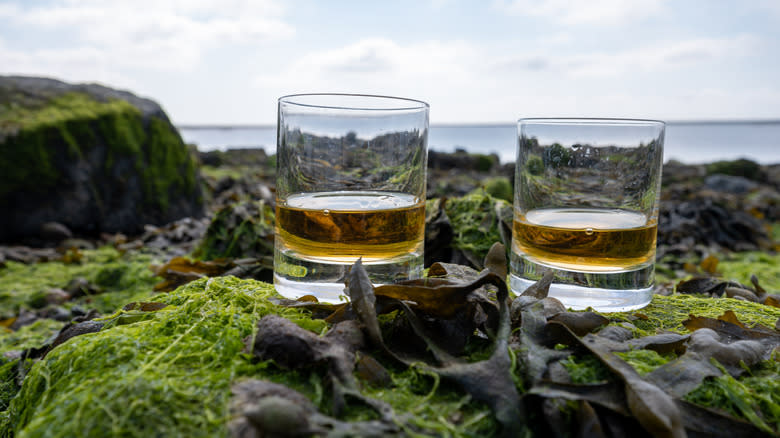 Whiskey glasses on sea background