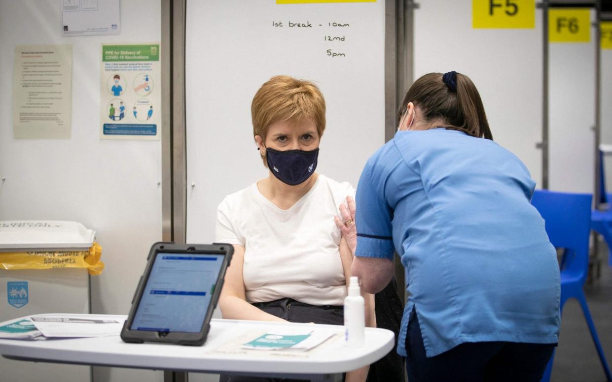 Nicola Sturgeon received her AstraZeneca vaccine in Glasgow on Thursday - GETTY IMAGES