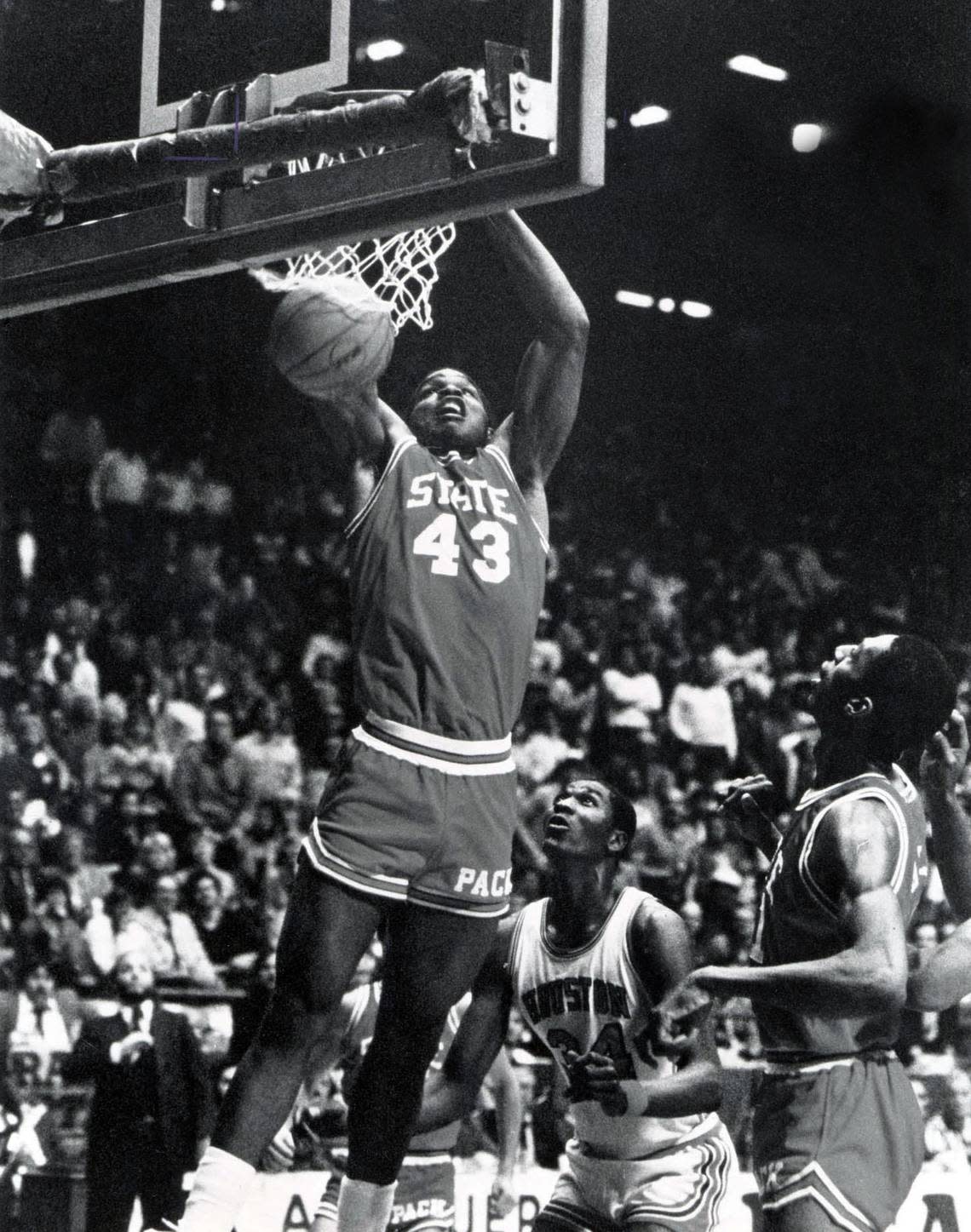 NC State player Lorenzo Charles dunks the winning shot at the buzzer to win the 1983 NCAA National Championship. File photo