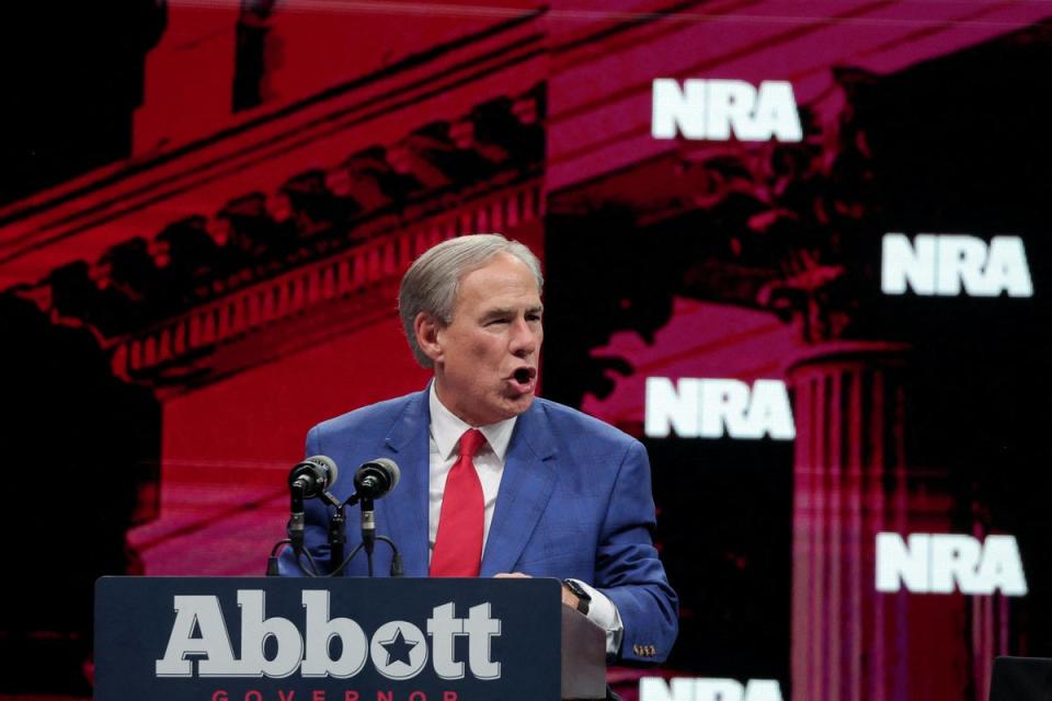 Texas Governor Greg Abbott speaks during the annual National Rifle Association meeting in Dallas on May 18 (REUTERS)