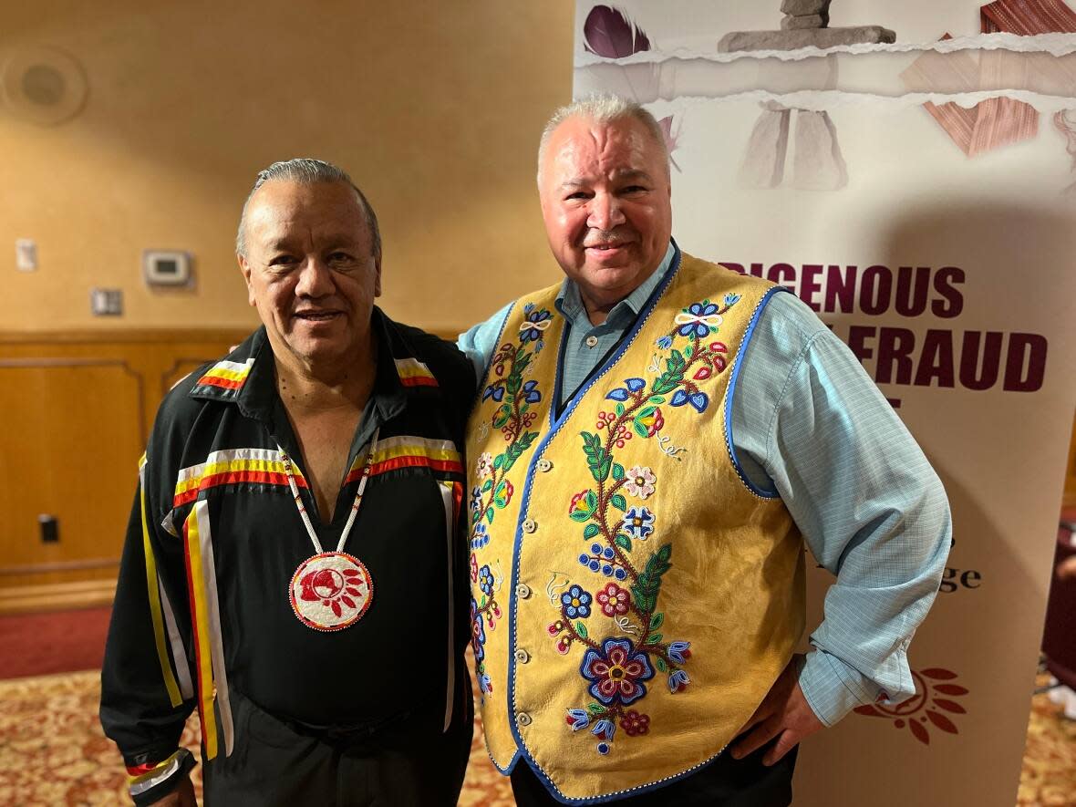 Ontario Regional Chief Glen Hare, left, with Manitoba Métis Federation President David Chartrand in Winnipeg on May 14, 2024.  (Corentin Mittet-Magnan/Radio-Canada - image credit)