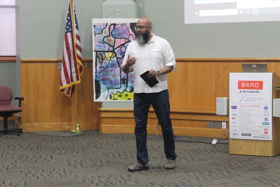 Guest speaker and poet John Murillo hosted a poetry workshop at the Alachua County Library Headquarters at 401 E. University Ave. titled, "Gimme the Loot!: How to Steal Like a Poet." The event was a part of the four-day inaugural 2023 North Central Florida Poetry Festival called Bard and Broadside.
(Photo: Photo by Voleer Thomas/For The Guardian)