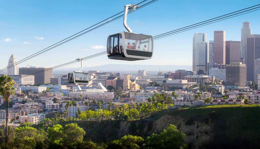 The proposed aerial rapid transit gondola system from Union Station to Dodger Stadium is seen in a mockup provided by Metro.