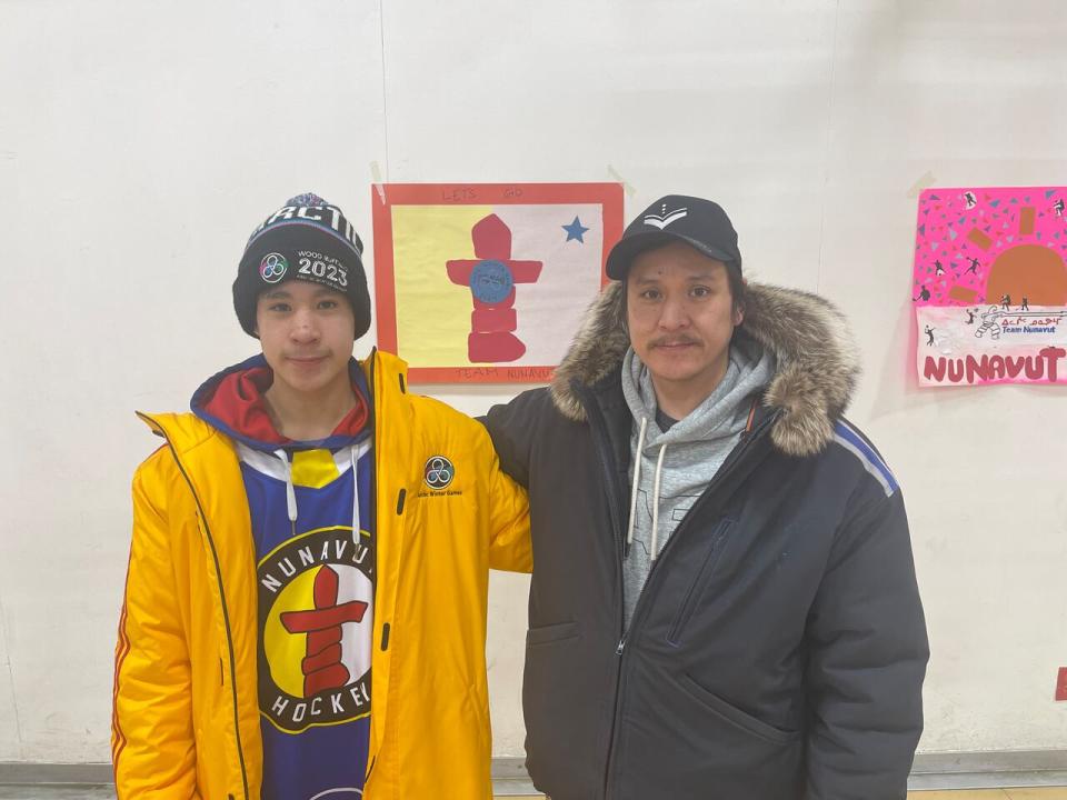 Darren Ikakhik, Jr., with his dad Darren Ikakhik, Sr., in Rankin Inlet, Nunavut.