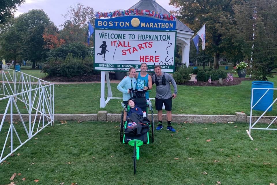 Greg MacCurtain and his daughter Abby, who lives with a rare condition. They have competed in 2 Boston Marathons together and are raising money to fund research for abby's rare disease.