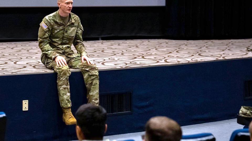 Capt. Anthony Priest, behavior health officer with 1st Signal Brigade, speaks with Company B, 304th Expeditionary Signal Battalion-Enhanced, in South Korea in 2022, about suicide. (Army)