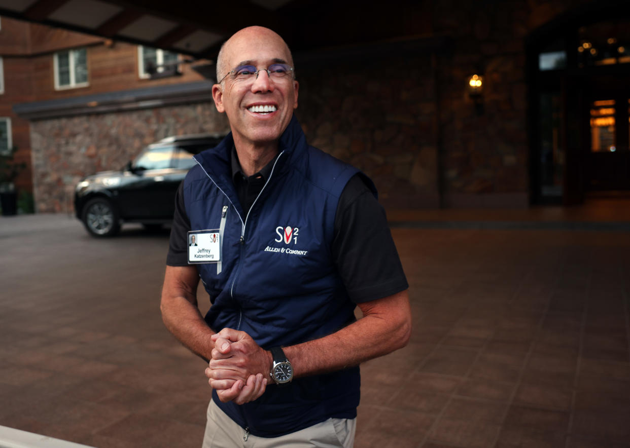 SUN VALLEY, IDAHO - JULY 07: Producer Jeffrey Katzenberg speaks to the media at the Allen & Company Sun Valley Conference on July 07, 2021 in Sun Valley, Idaho. After a year hiatus due to the COVID-19 pandemic, the world’s most wealthy and powerful businesspeople from the media, finance, and technology worlds will converge at the Sun Valley Resort for the exclusive weeklong conference.  (Photo by Kevin Dietsch/Getty Images)