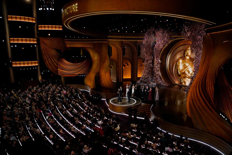 Cast and crew members accept the award for best motion picture for "Oppenheimer" during the 96th Oscars at the Dolby Theatre at Ovation Hollywood in Los Angeles on March 10, 2024.