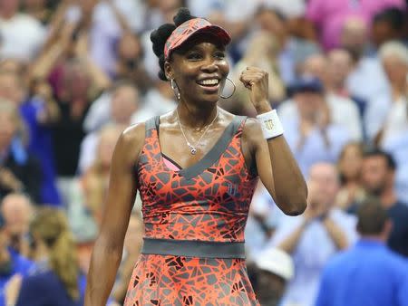 Sep 5, 2017; New York, NY, USA; Venus Williams of the United States celebrates after match point against Petra Kvitova of Czech Republic on day nine of the U.S. Open tennis tournament at USTA Billie Jean King National Tennis Center. Mandatory Credit: Jerry Lai-USA TODAY Sports