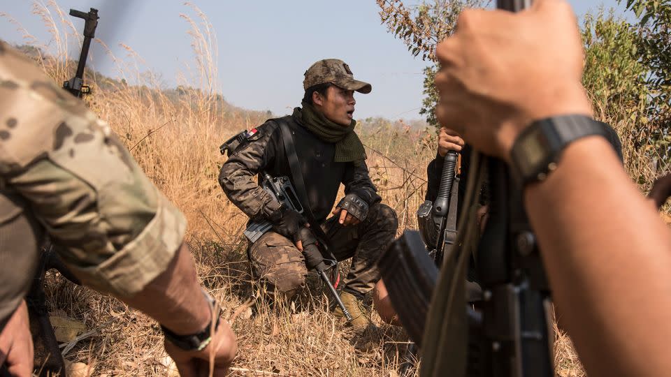 Soldiers from the Karenni Nationalities Defence Force (KNDF) under mortar shelling from the Myanmar army in Kayah state, Myanmar on January 28, 2023. - Thierry Falise/LightRocket/Getty Images