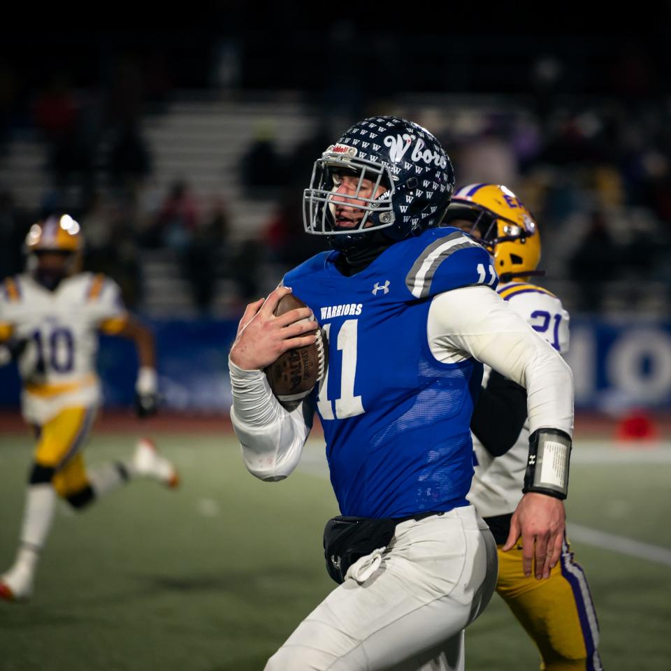 Whitesboro's Kyle Meier sprints down the field during the Warriors' state semifinal Friday at Cicero-North Syracuse High School.