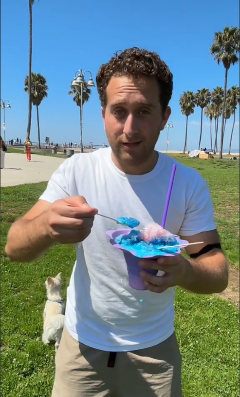 A person holding a cup with shaved ice, a spoon in hand, in a park with palm trees in the background