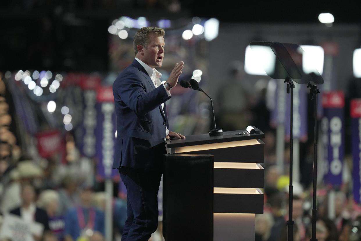 Jul 16, 2024; Milwaukee, WI, USA; Tim Sheehy, Montana U.S. Senate candidate delivers remarks delivers remarks 
during the second day of the Republican National Convention at the Fiserv Forum. The second day of the RNC focused on crime and border policies. Mandatory Credit: Mark Hoffman-USA TODAY