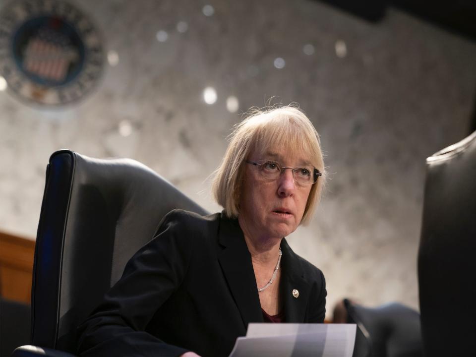 Sen. Patty Murray sits at her desk in March 2019.