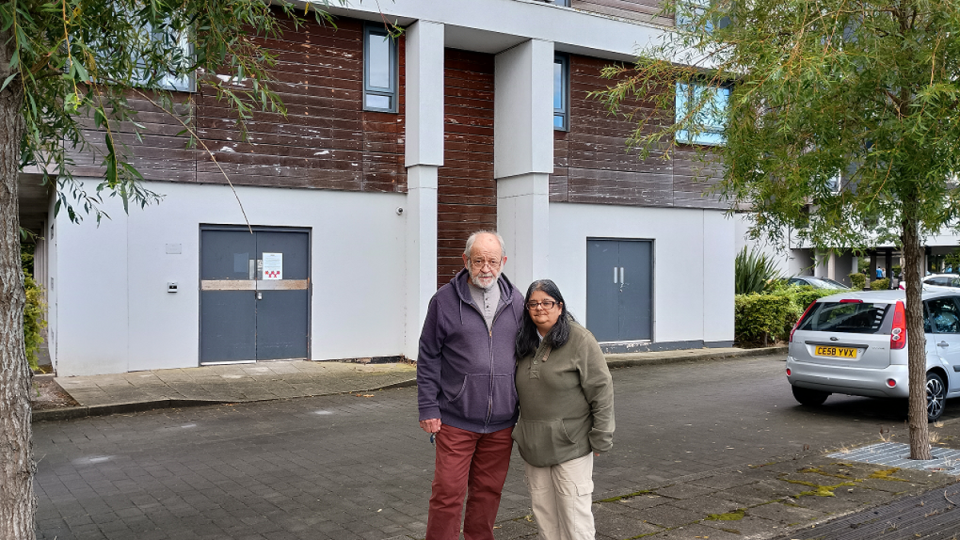 Mike Daine and his partner Rachel Bose outside their home at The Decks in Cheshire (Rachel Bose)