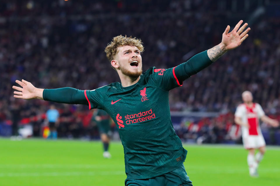 Liverpool midfielder Harvey Elliott celebrates after scoring against Ajax Amsterdam during their Champions League clash.