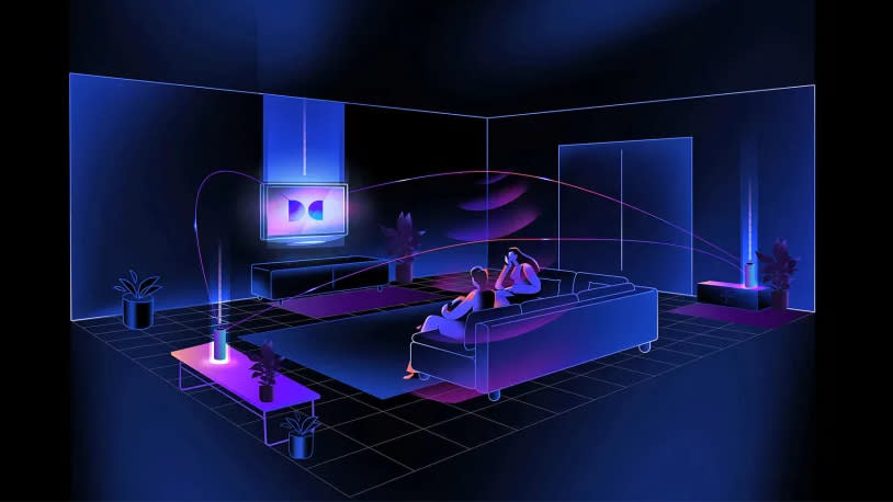  Conceptual artwork showing how Dolby Atmos FlexConnect works. 