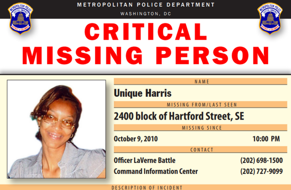 A Metropolitan Police Department flyer regarding Unique Harris’ disappearance.