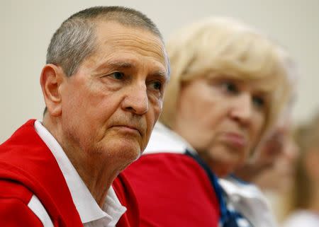 Head coach of gymnastics Russian Olympic team Andrei Rodionenko and team's coach Valentina Rodionenko attend a news conference following a training session at the Ozero Krugloe (Round Lake) training centre outside Moscow, Russia, July 21, 2016. REUTERS/Sergei Karpukhin