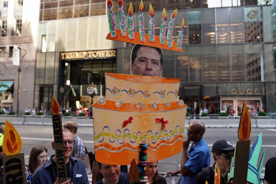 Protesters marking Trump’s birthday outside Trump Tower in 2017.