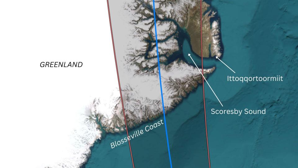 A close-up map view of Greenland with a highlighted section showing the path of the eclipse.