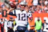 Oct 9, 2016; Cleveland, OH, USA; New England Patriots quarterback Tom Brady (12) throws a pass during the first quarter against the Cleveland Browns at FirstEnergy Stadium. Mandatory Credit: Ken Blaze-USA TODAY Sports