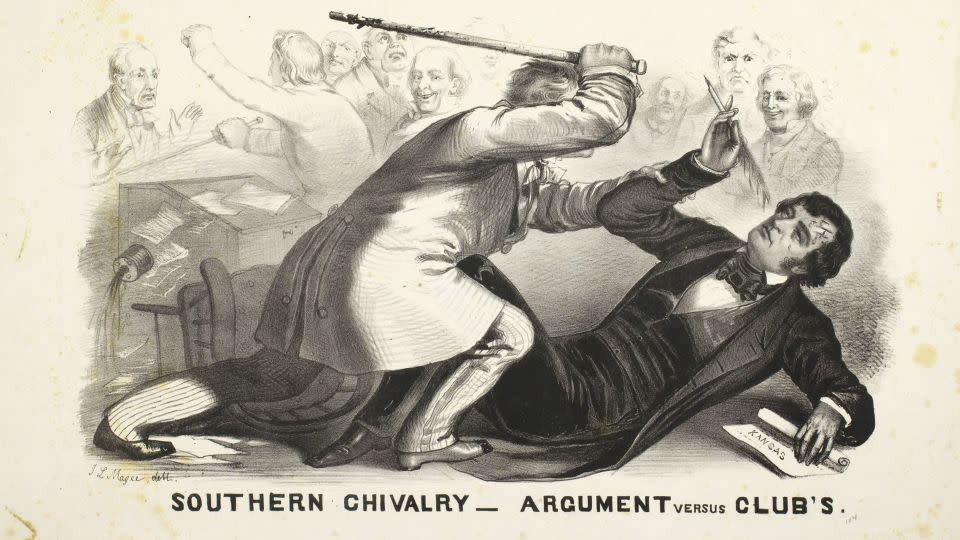 This cartoon by John L. Magee depicts Rep. Preston S. Brooks caning antislavery Sen. Charles Sumner in the Senate on May 26, 1856. - John L. Magee/Library Company of Philadelphia