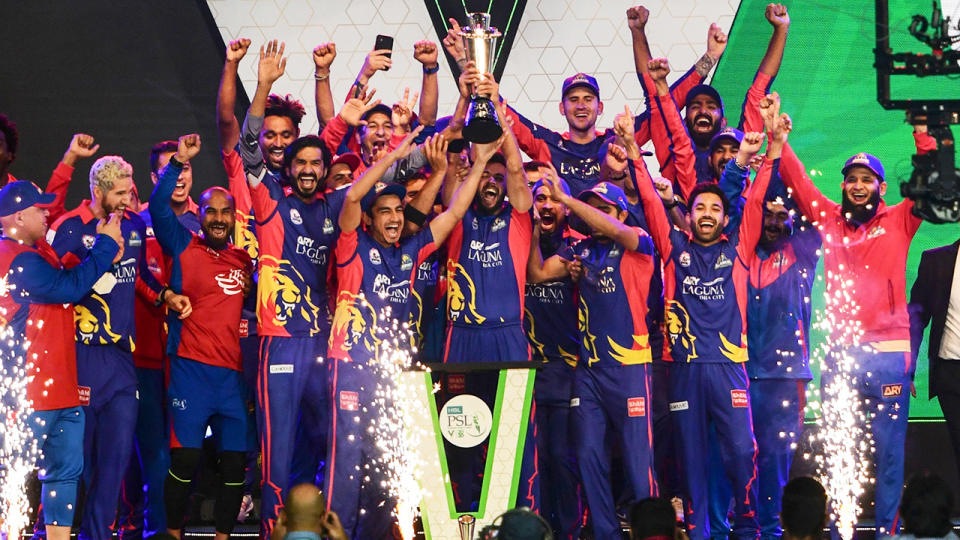 Karachi Kings players, pictured here celebrating after winning the Pakistan Super League.