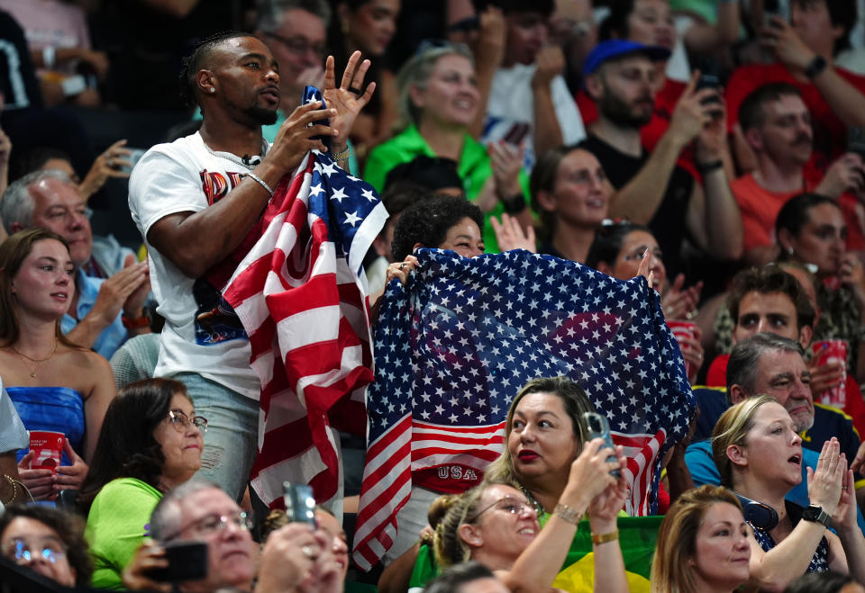 Jonathan Owens and Nellie Biles, husband and mother of USA's Simone Biles during the artistic gymnastics, women's team final, at Bercy Arena on the fourth day of the 2024 Paris Olympic Games in France. Picture date: Tuesday July 30, 2024. (Photo by Mike Egerton/PA Images via Getty Images)