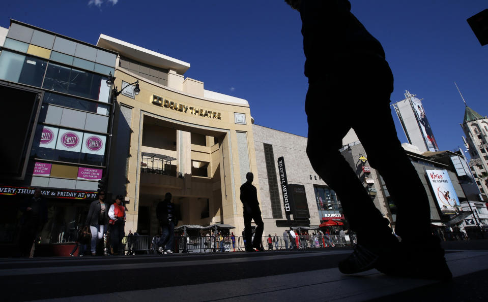 This Monday, Feb. 11, 2013 photo shows the Dolby Theatre in the Hollywood section of Los Angeles. The 85th Academy Awards will be broadcast from the Dolby Theatre for the first time on Sunday, Feb. 24, 2013. (AP Photo/Jae C. Hong)