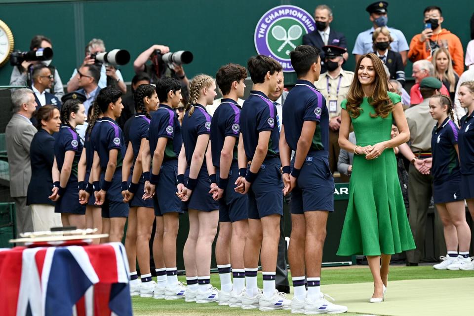 Catherine, Duchess of Cambridge attends Wimbledon Championships Tennis Tournament at All England Lawn Tennis and Croquet Club on July 10, 2021 in London, England.