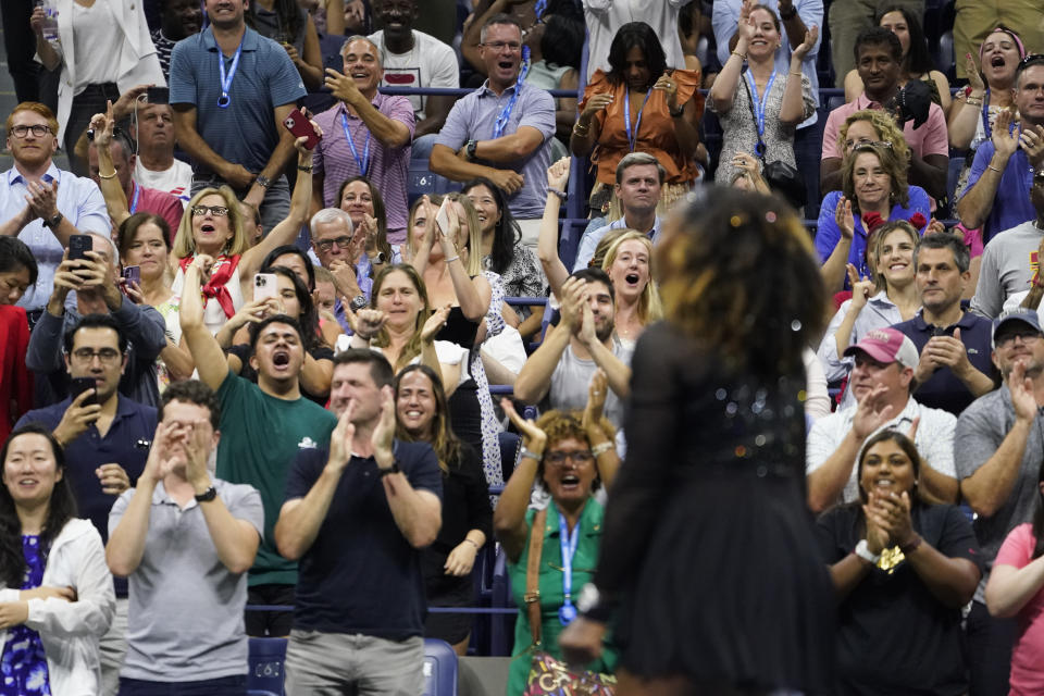 FILE - Fans cheer for Serena Williams, of the United States, during her match against Anett Kontaveit, of Estonia, during the second round of the U.S. Open tennis tournament Aug. 31, 2022, in New York. Watching 40-year-old Williams defeat the world’s second-ranked player and advance to the third round of the tournament has inspired many older tennis fans. They say her success sends a message that they too can perform better and longer through fitness, practice and grit. (AP Photo/John Minchillo, File)