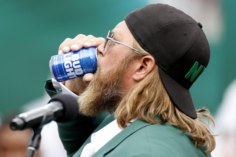 Former New York Jets player Nick Mangold drinks a Bud Light beer 