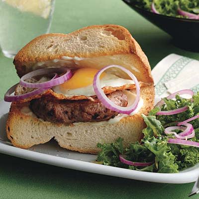 Fried-Egg-Topped Turkey Burgers with Kale Salad