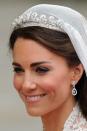 <p>The tiara worn by the Duchess of Cambridge on her wedding day was on loan from the Queen and was originally a wedding anniversary gift from King George VI to his wife Elizabeth (also known as the Queen Mother) in 1936. The Queen Mother then gifted it to the Queen on her 18th birthday. It contains over 1,000 diamonds and was also worn occasionally by Princess Margaret.</p>