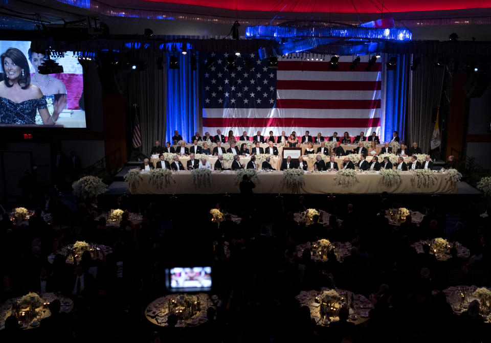 Keynote speaker Ambassador to the United Nations Nikki Haley addresses the 73rd Annual Alfred E. Smith Memorial Foundation Dinner Thursday, Oct. 18, 2018, in New York. (AP Photo/Craig Ruttle)